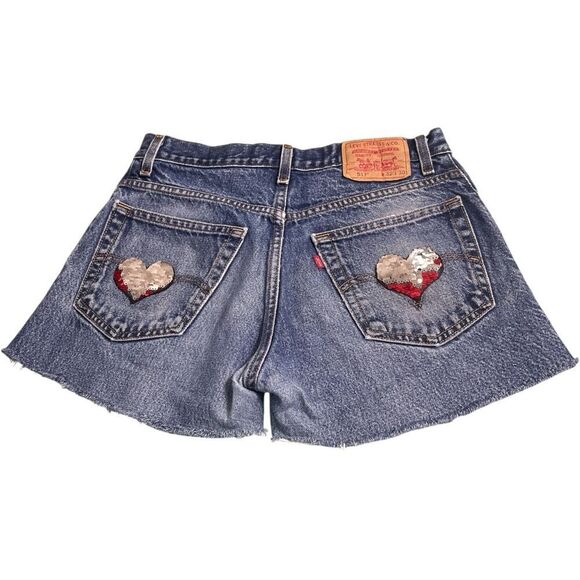 Levi's 517 Vintage Blue Denim Heart Patch Boot Cut Shorts - Picture 1 of 5